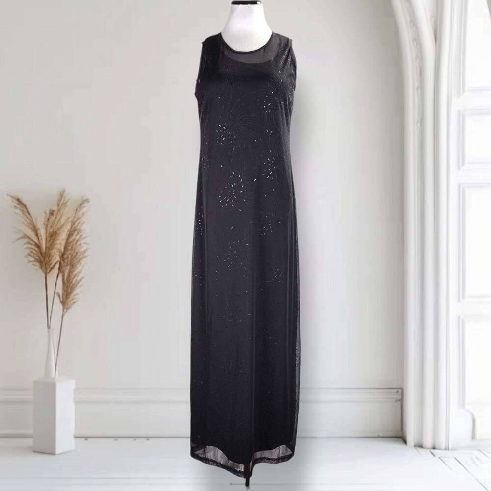 Vintage 90s Black Starburst Relief Mesh Gown Stretch L Gothic